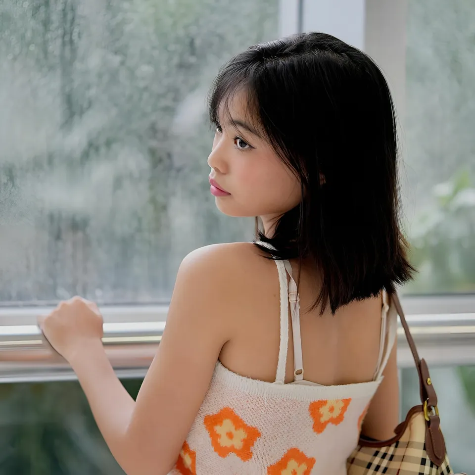 Beri Sinclair in floral top leans on window frame