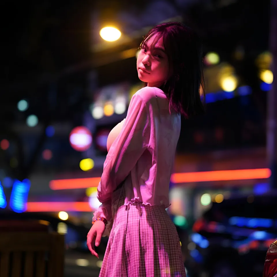 Beri Sinclair in pink top and skirt stands in illuminated urban night setting
