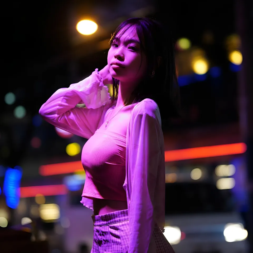 Beri Sinclair in pink top standing outdoors at night with colorful lights