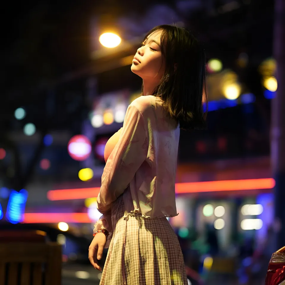 Beri Sinclair standing with head tilted back in city night lighting