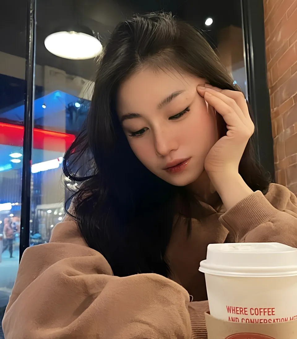 Justine Ponteras in brown sweater holding coffee cup