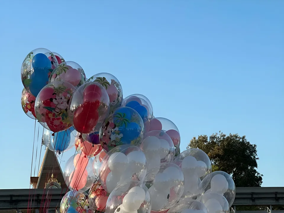 Mina Hartley — Cluster of colorful balloons floating against clear blue sky