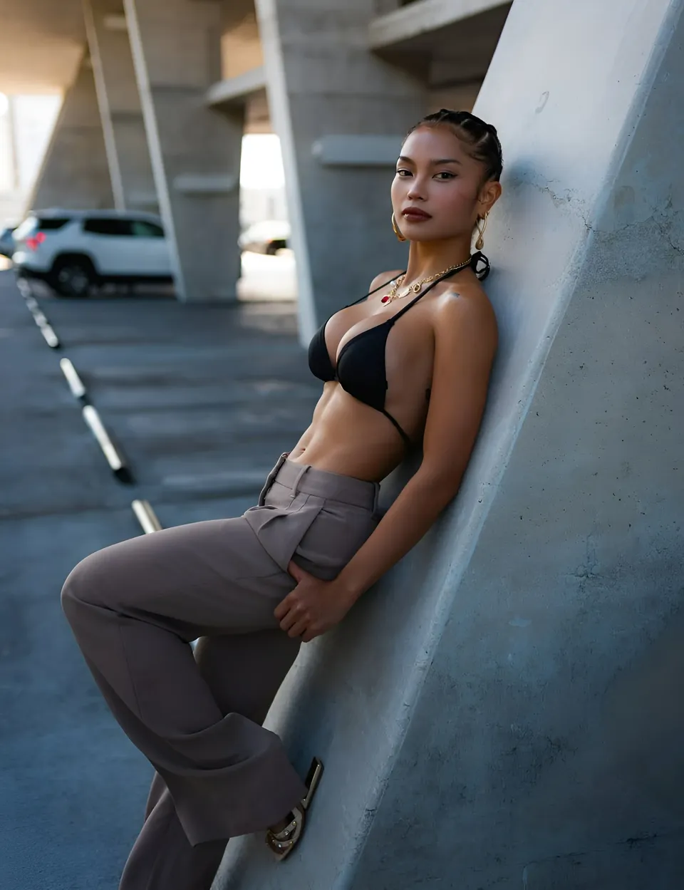 Sheeny Roswell in black top and grey pants leans against concrete wall