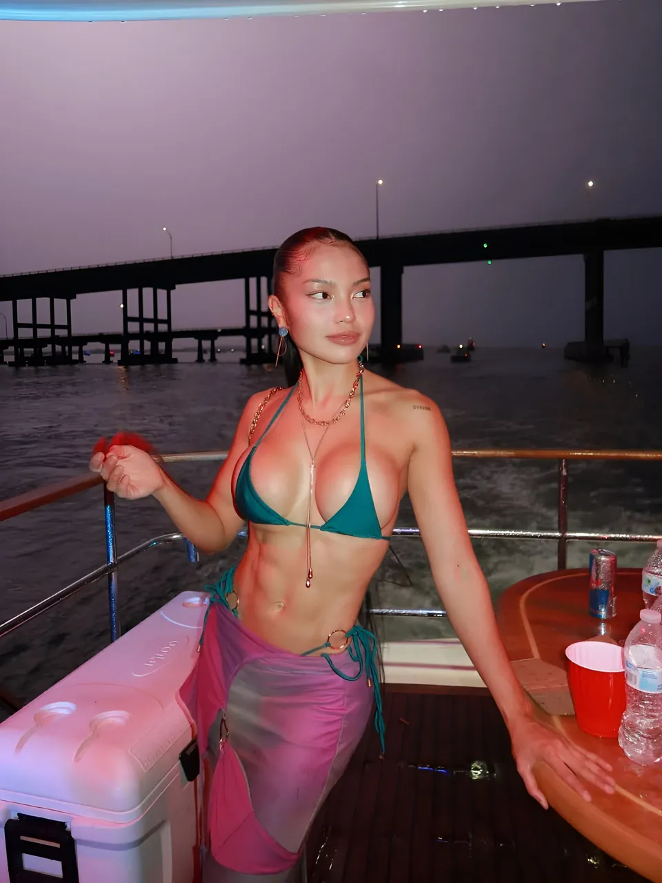 Sheeny Roswell in green bikini top and pink wrap on boat at dusk