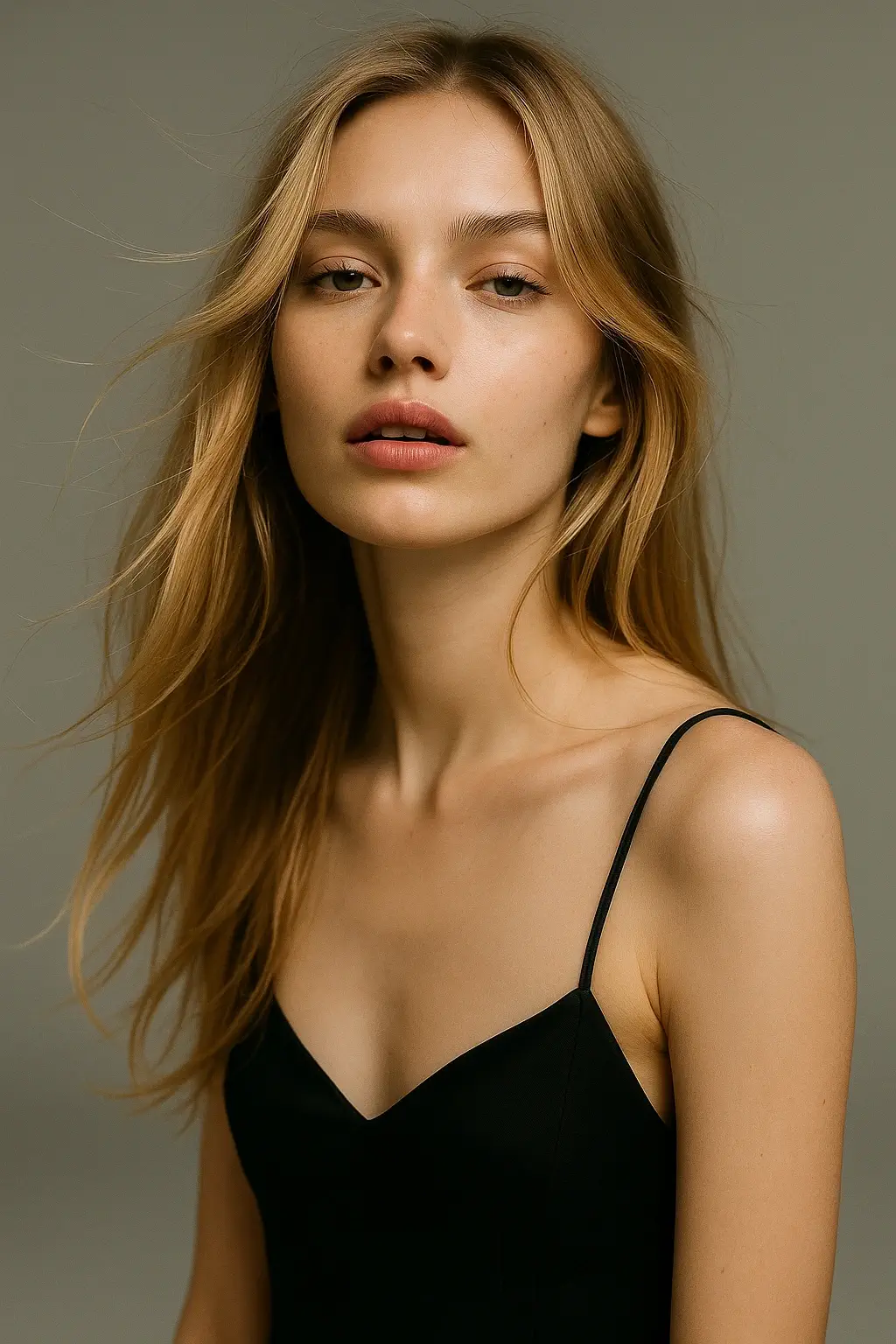 Portrait of a blonde model in a black top
