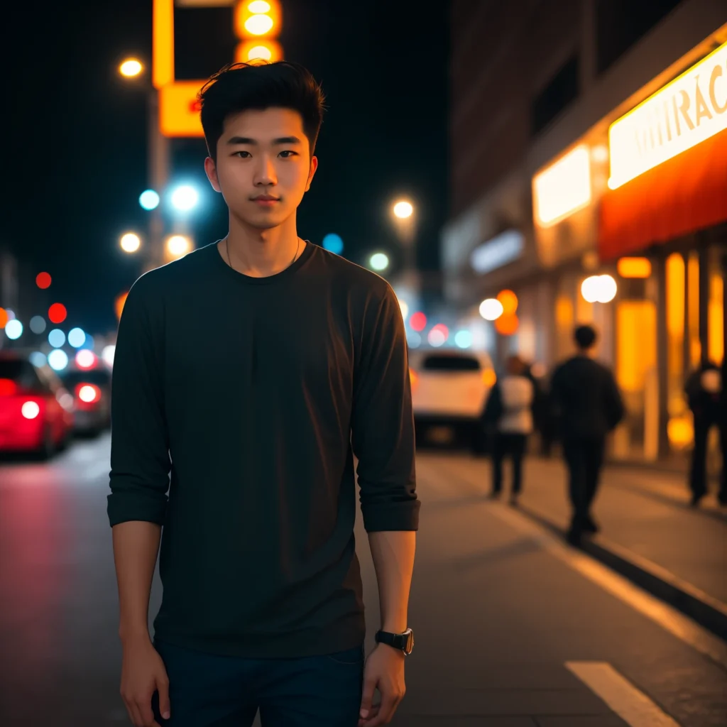 Portrait of a man standing on a lit city street