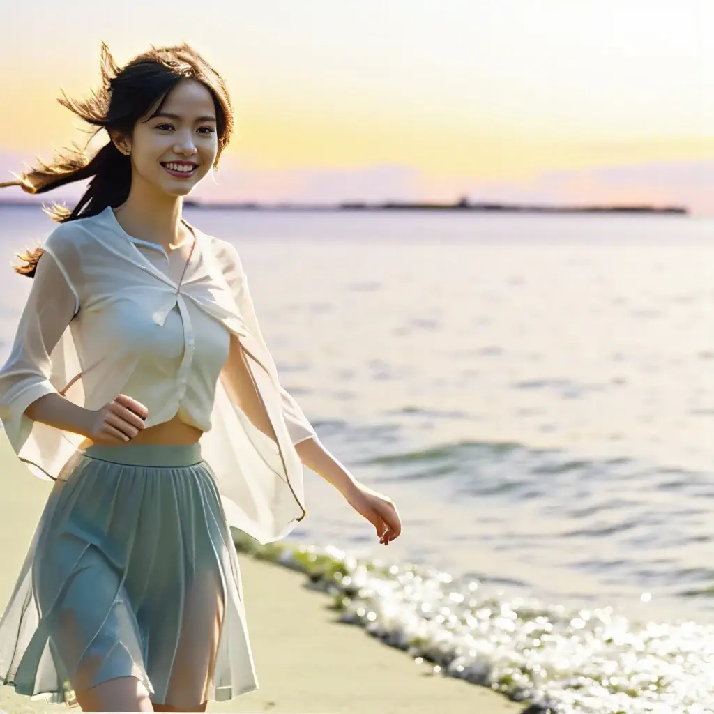 Model posing beside the sea at sunset