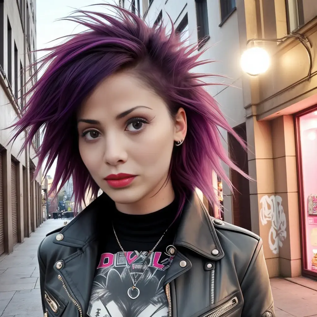 Model with purple hair wearing a leather jacket on a city street