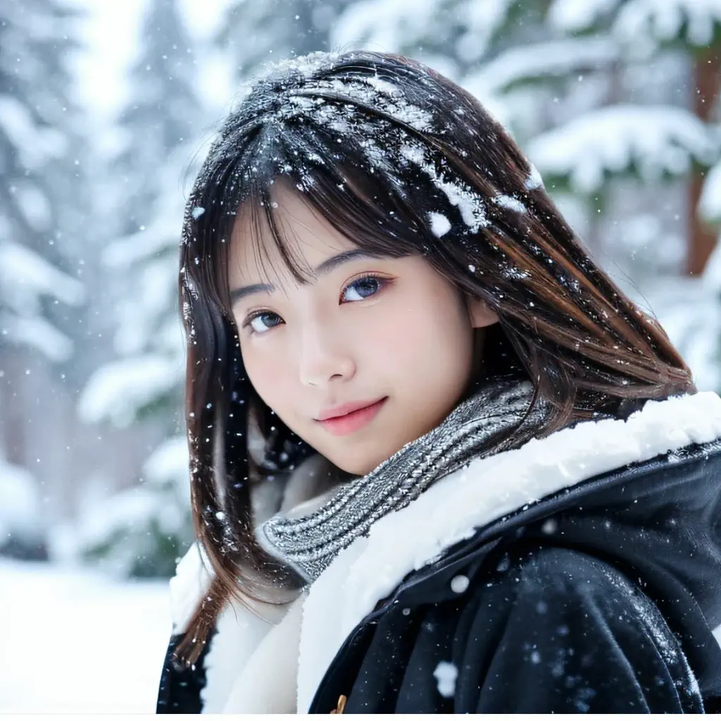 Model wearing a winter coat in falling snow