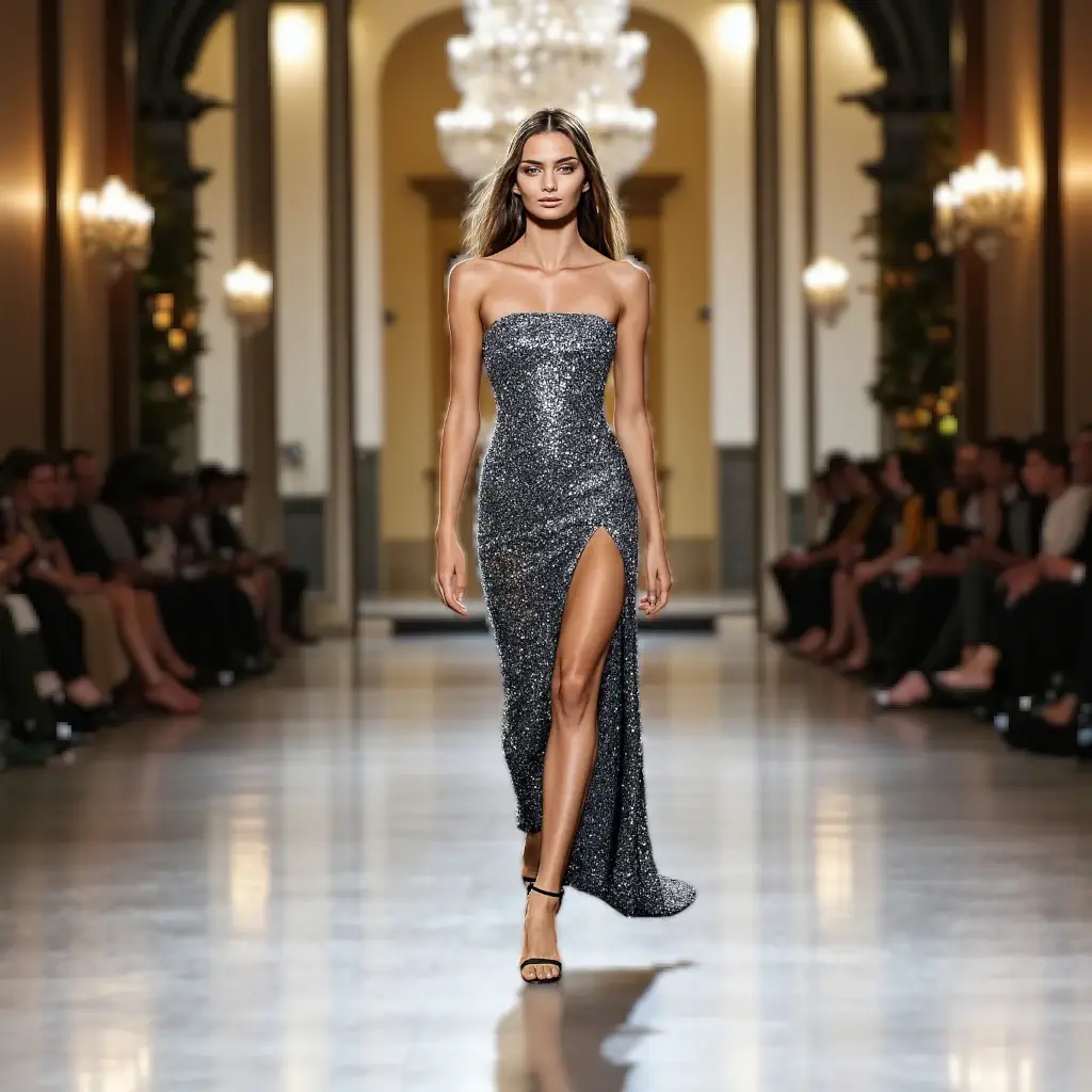 Model walking a runway in a blue dress