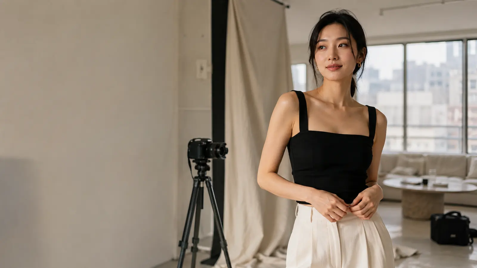 Adult Asian model in a natural editorial studio production
